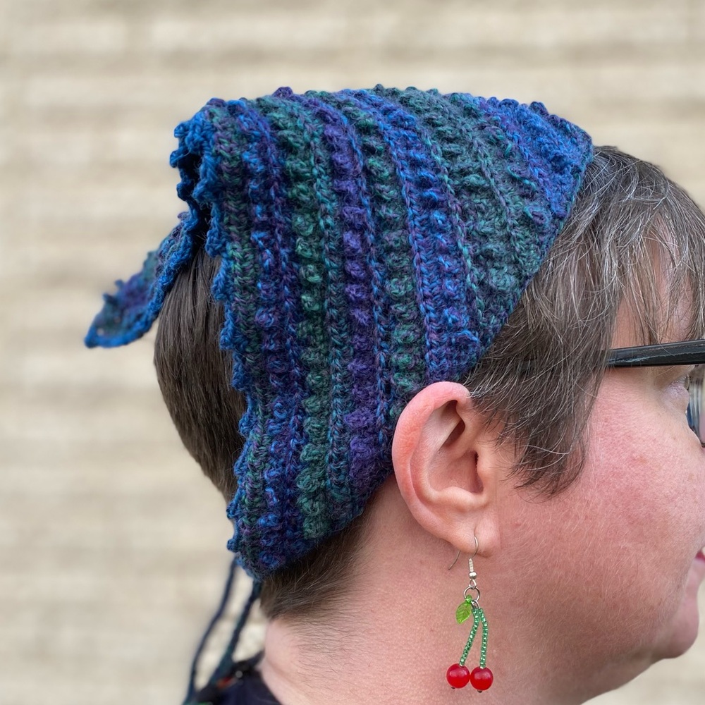 Crochet Picot Headscarf in Blues and Greens